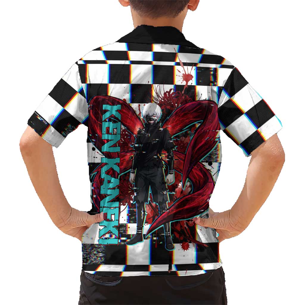 Tokyo Ghoul Kaneki Ken Family Matching Off The Shoulder Long Sleeve Dress and Hawaiian Shirt Glitchcore Anime Style with Dark Checker Pattern