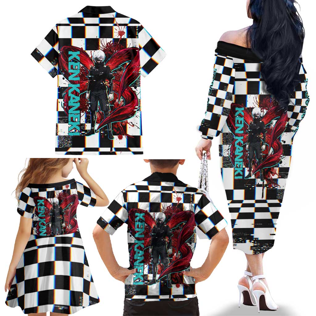 Tokyo Ghoul Kaneki Ken Family Matching Off The Shoulder Long Sleeve Dress and Hawaiian Shirt Glitchcore Anime Style with Dark Checker Pattern