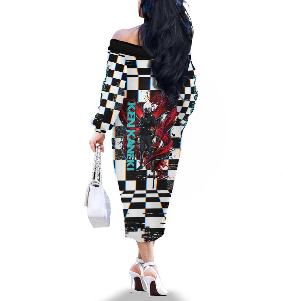 Tokyo Ghoul Kaneki Ken Family Matching Off The Shoulder Long Sleeve Dress and Hawaiian Shirt Glitchcore Anime Style with Dark Checker Pattern