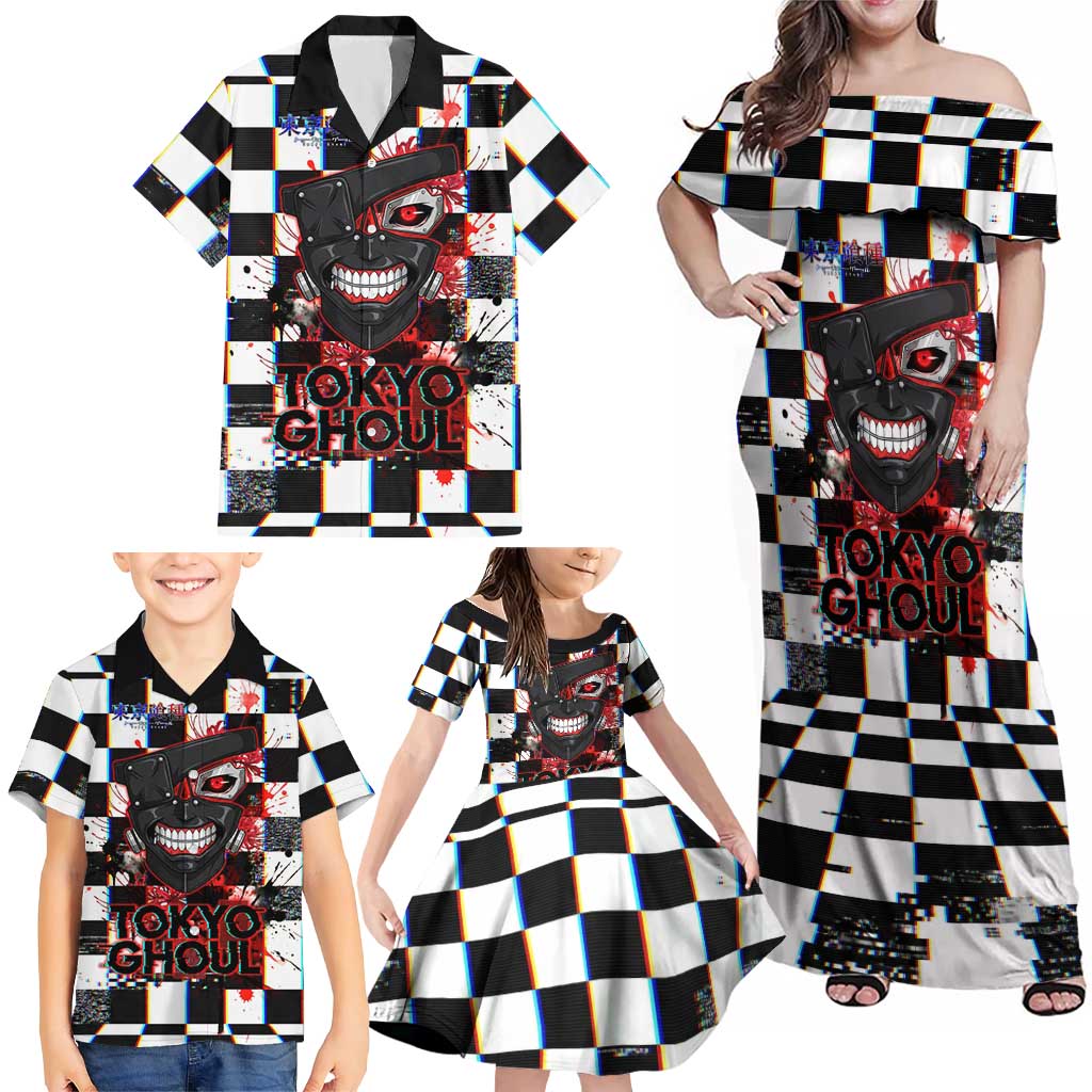 Tokyo Ghoul Kaneki Ken Family Matching Off Shoulder Maxi Dress and Hawaiian Shirt Glitchcore Anime Style with Dark Checker Pattern