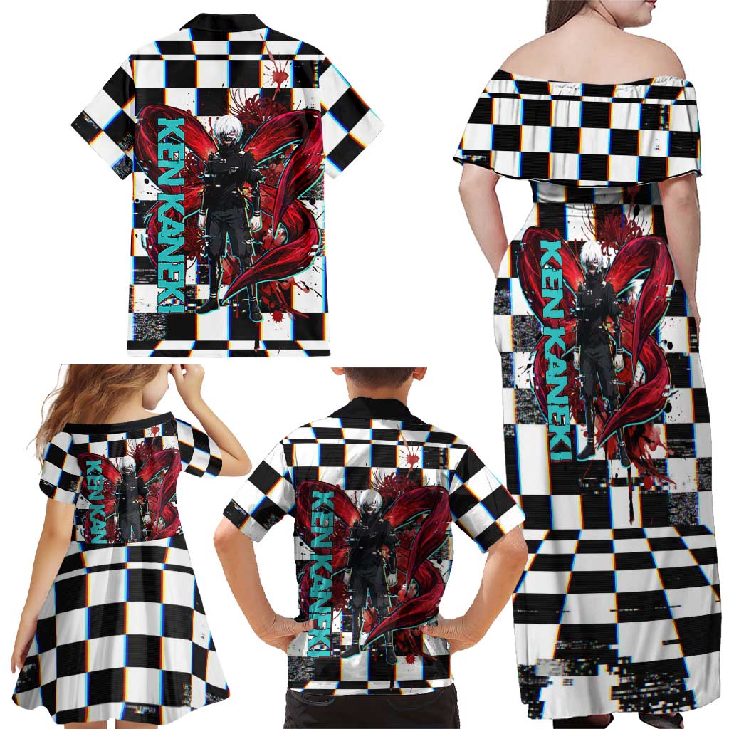 Tokyo Ghoul Kaneki Ken Family Matching Off Shoulder Maxi Dress and Hawaiian Shirt Glitchcore Anime Style with Dark Checker Pattern