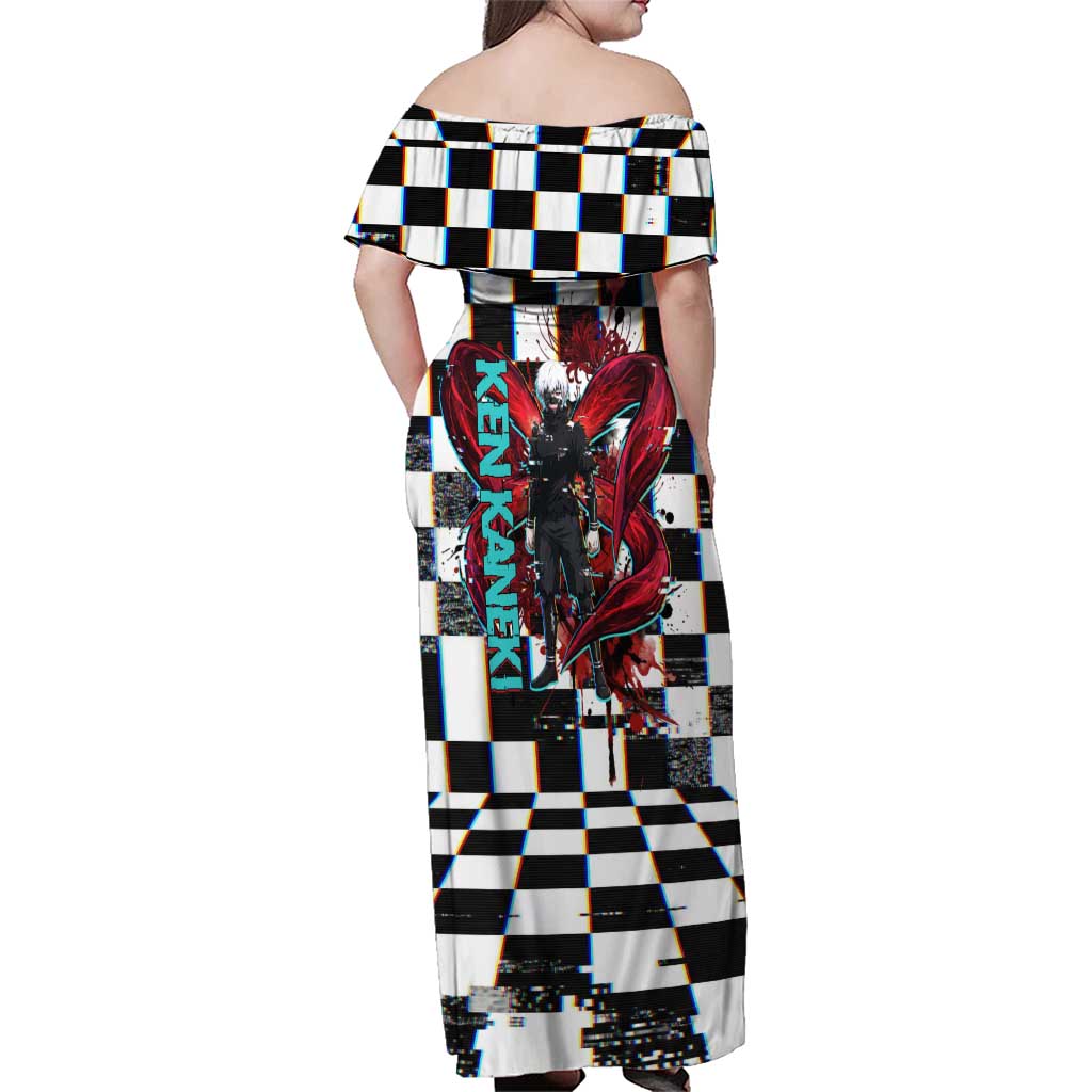 Tokyo Ghoul Kaneki Ken Family Matching Off Shoulder Maxi Dress and Hawaiian Shirt Glitchcore Anime Style with Dark Checker Pattern
