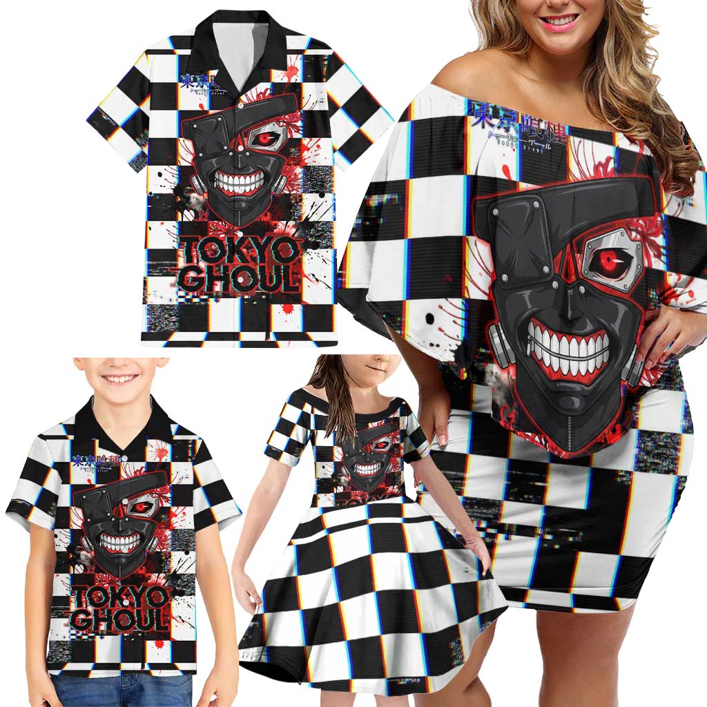 Tokyo Ghoul Kaneki Ken Family Matching Off Shoulder Short Dress and Hawaiian Shirt Glitchcore Anime Style with Dark Checker Pattern