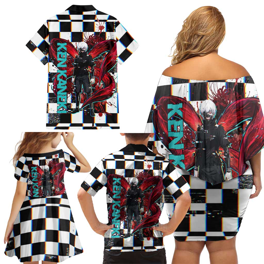 Tokyo Ghoul Kaneki Ken Family Matching Off Shoulder Short Dress and Hawaiian Shirt Glitchcore Anime Style with Dark Checker Pattern