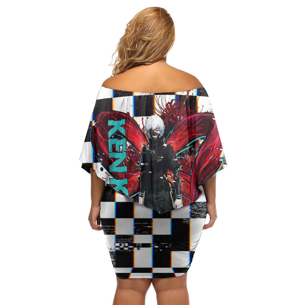 Tokyo Ghoul Kaneki Ken Family Matching Off Shoulder Short Dress and Hawaiian Shirt Glitchcore Anime Style with Dark Checker Pattern