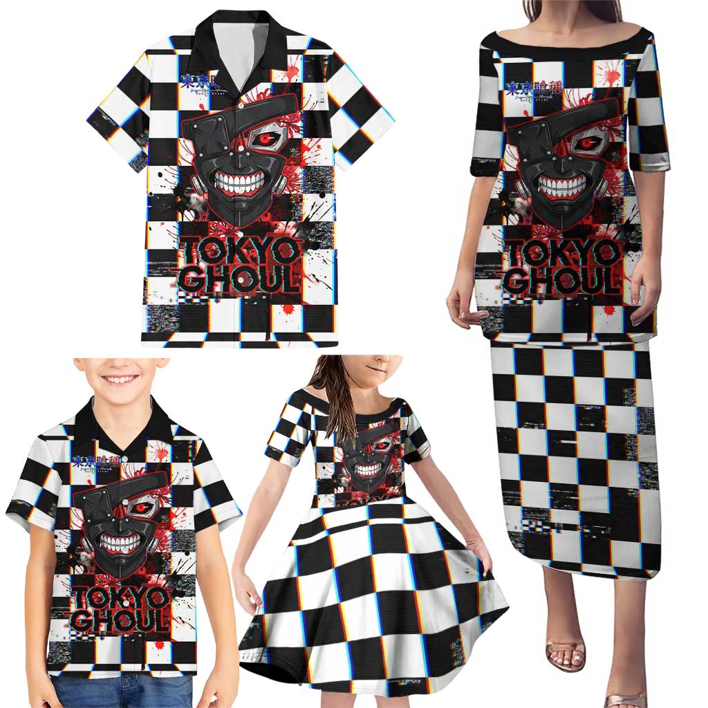 Tokyo Ghoul Kaneki Ken Family Matching Puletasi and Hawaiian Shirt Glitchcore Anime Style with Dark Checker Pattern