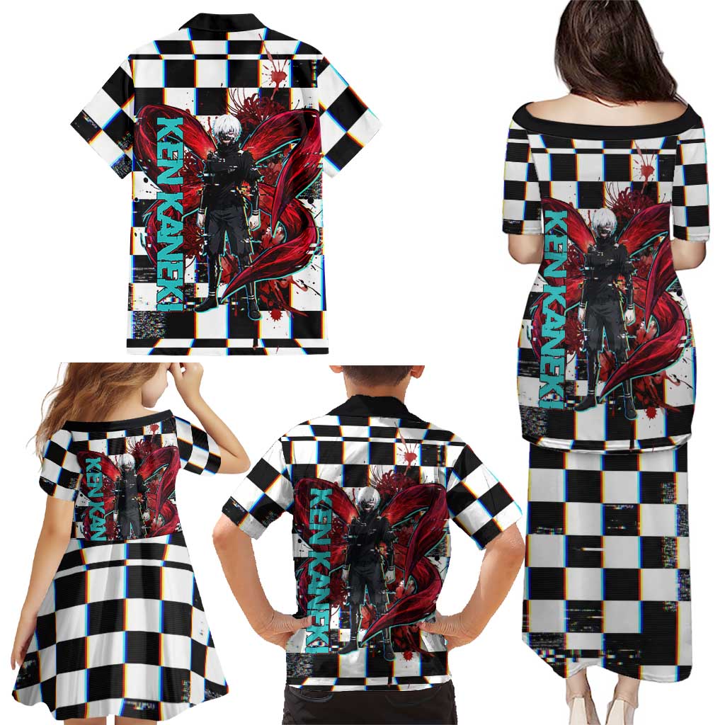 Tokyo Ghoul Kaneki Ken Family Matching Puletasi and Hawaiian Shirt Glitchcore Anime Style with Dark Checker Pattern