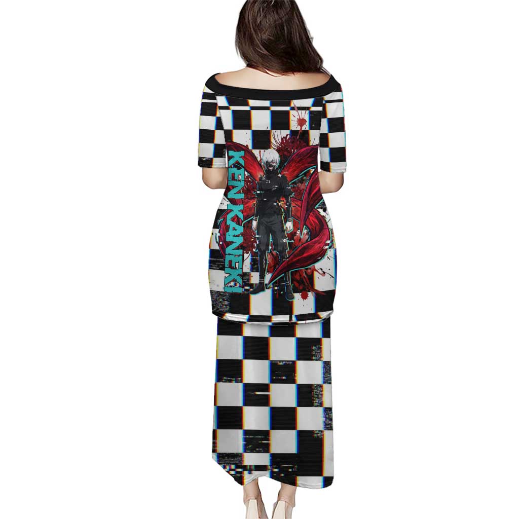 Tokyo Ghoul Kaneki Ken Family Matching Puletasi and Hawaiian Shirt Glitchcore Anime Style with Dark Checker Pattern
