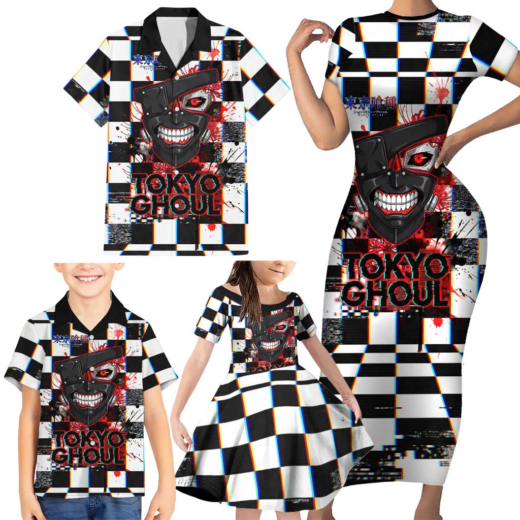 Tokyo Ghoul Kaneki Ken Family Matching Short Sleeve Bodycon Dress and Hawaiian Shirt Glitchcore Anime Style with Dark Checker Pattern