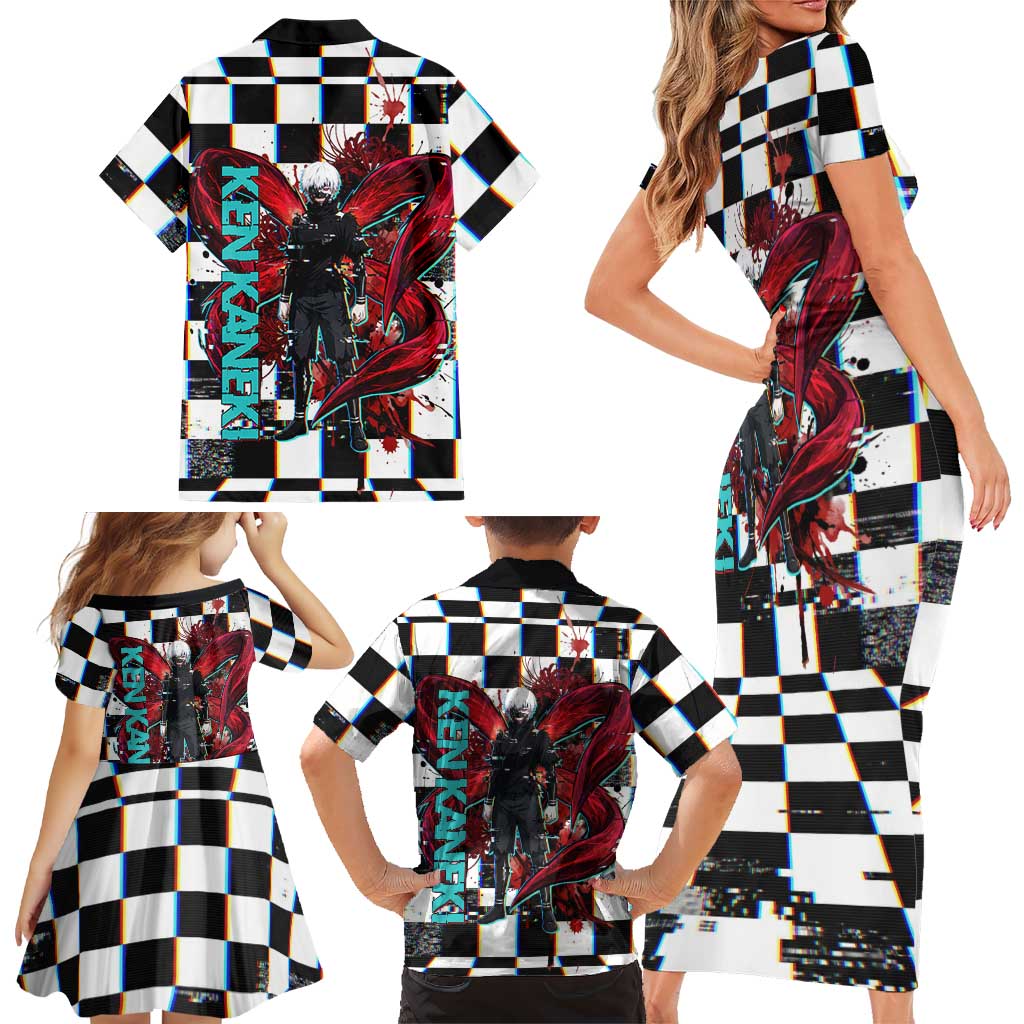 Tokyo Ghoul Kaneki Ken Family Matching Short Sleeve Bodycon Dress and Hawaiian Shirt Glitchcore Anime Style with Dark Checker Pattern
