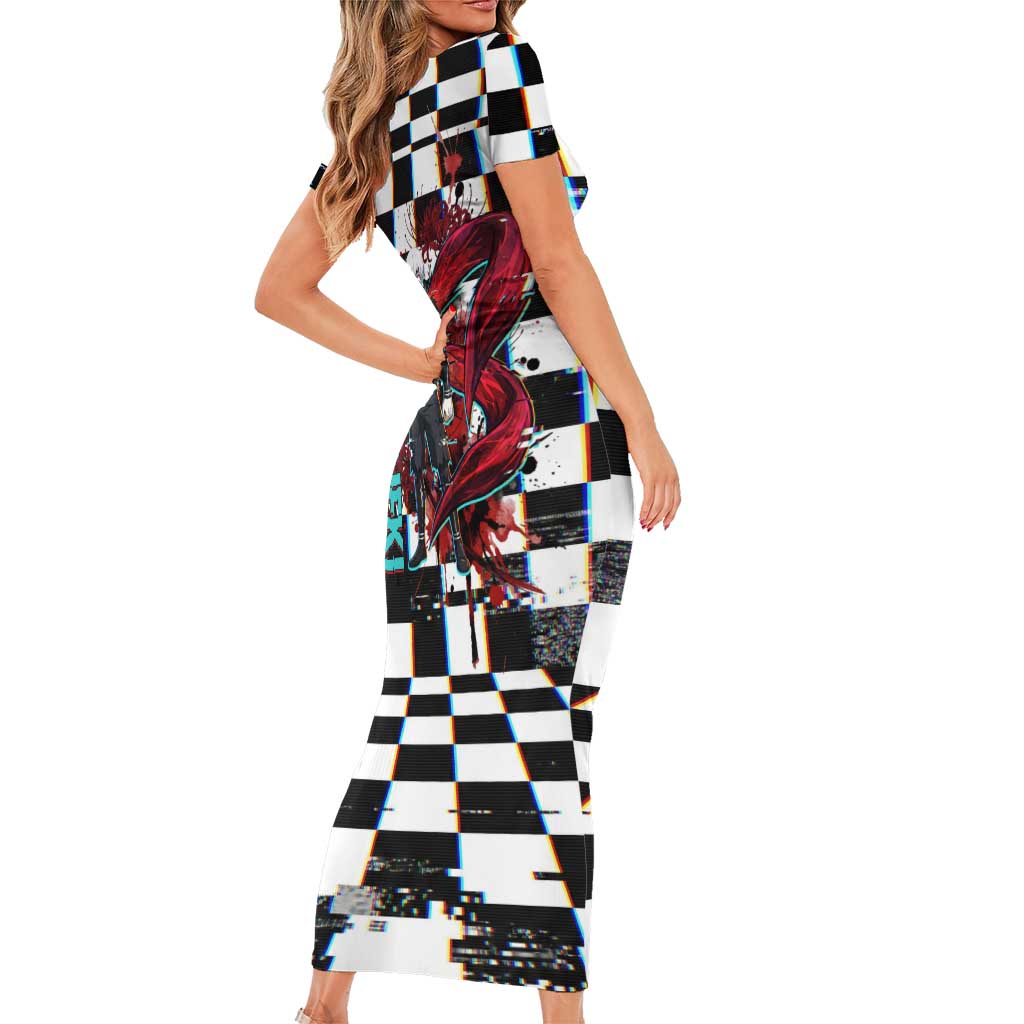 Tokyo Ghoul Kaneki Ken Family Matching Short Sleeve Bodycon Dress and Hawaiian Shirt Glitchcore Anime Style with Dark Checker Pattern