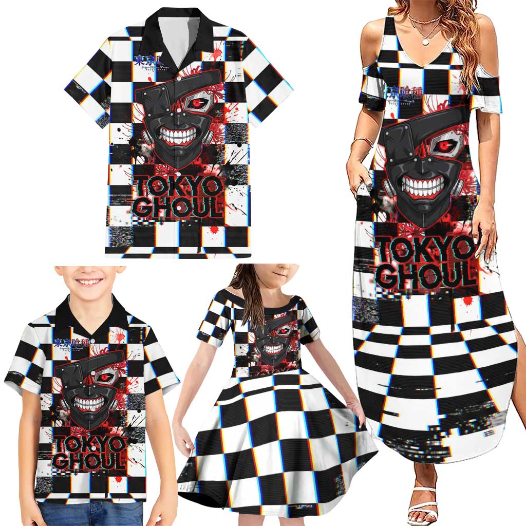 Tokyo Ghoul Kaneki Ken Family Matching Summer Maxi Dress and Hawaiian Shirt Glitchcore Anime Style with Dark Checker Pattern