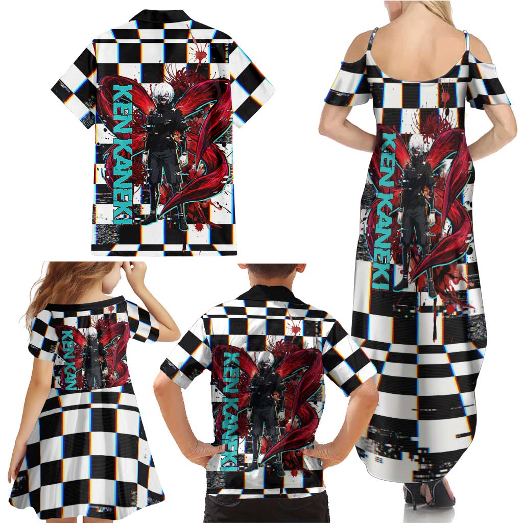 Tokyo Ghoul Kaneki Ken Family Matching Summer Maxi Dress and Hawaiian Shirt Glitchcore Anime Style with Dark Checker Pattern