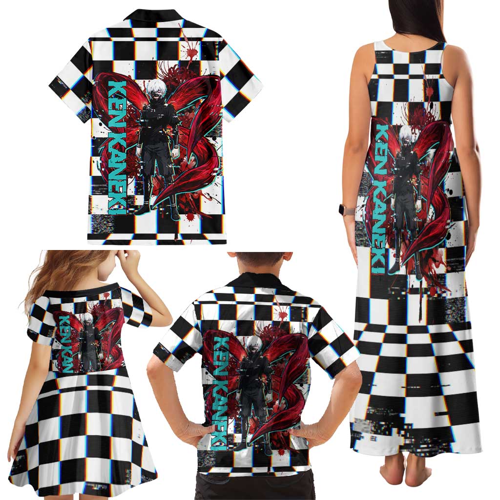 Tokyo Ghoul Kaneki Ken Family Matching Tank Maxi Dress and Hawaiian Shirt Glitchcore Anime Style with Dark Checker Pattern