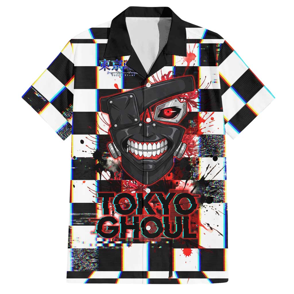Tokyo Ghoul Kaneki Ken Hawaiian Shirt Glitchcore Anime Style with Dark Checker Pattern