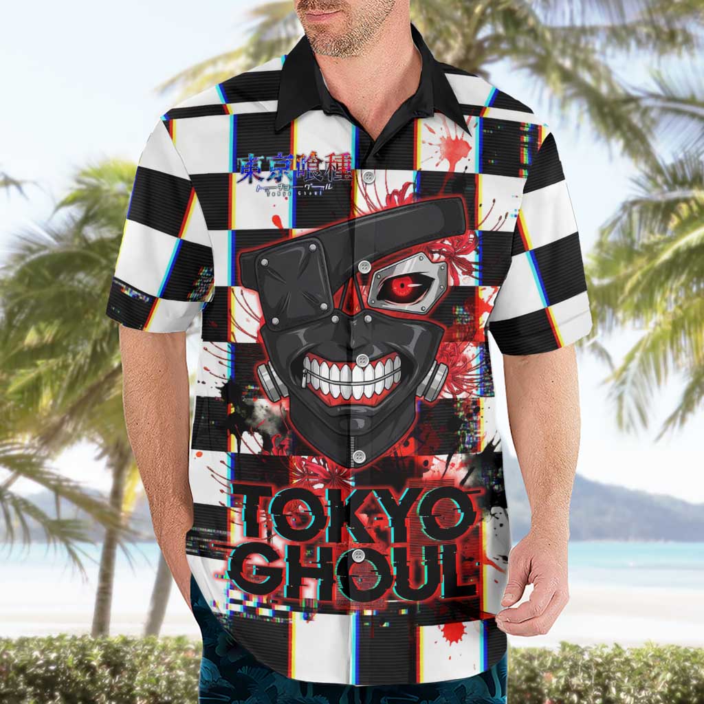 Tokyo Ghoul Kaneki Ken Hawaiian Shirt Glitchcore Anime Style with Dark Checker Pattern