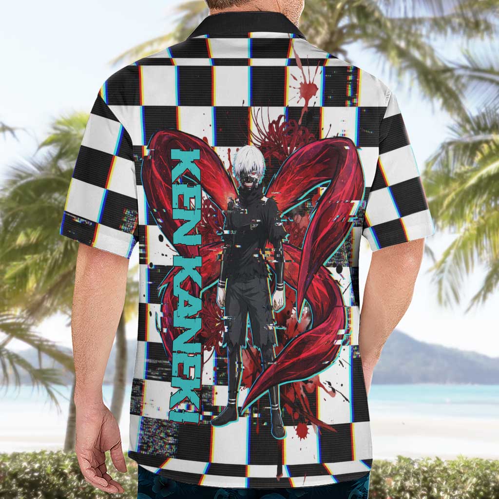 Tokyo Ghoul Kaneki Ken Hawaiian Shirt Glitchcore Anime Style with Dark Checker Pattern