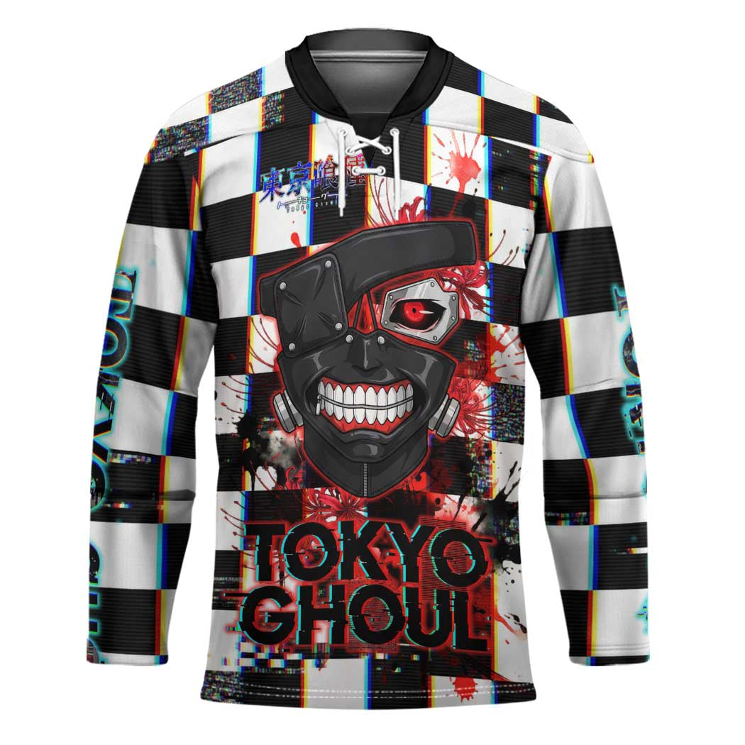 Tokyo Ghoul Kaneki Ken Hockey Jersey Glitchcore Anime Style with Dark Checker Pattern