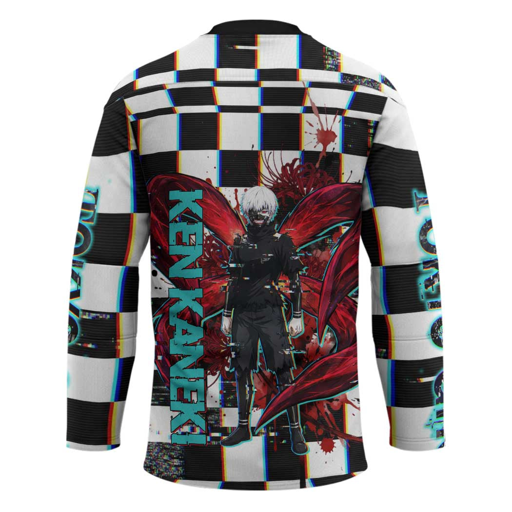 Tokyo Ghoul Kaneki Ken Hockey Jersey Glitchcore Anime Style with Dark Checker Pattern