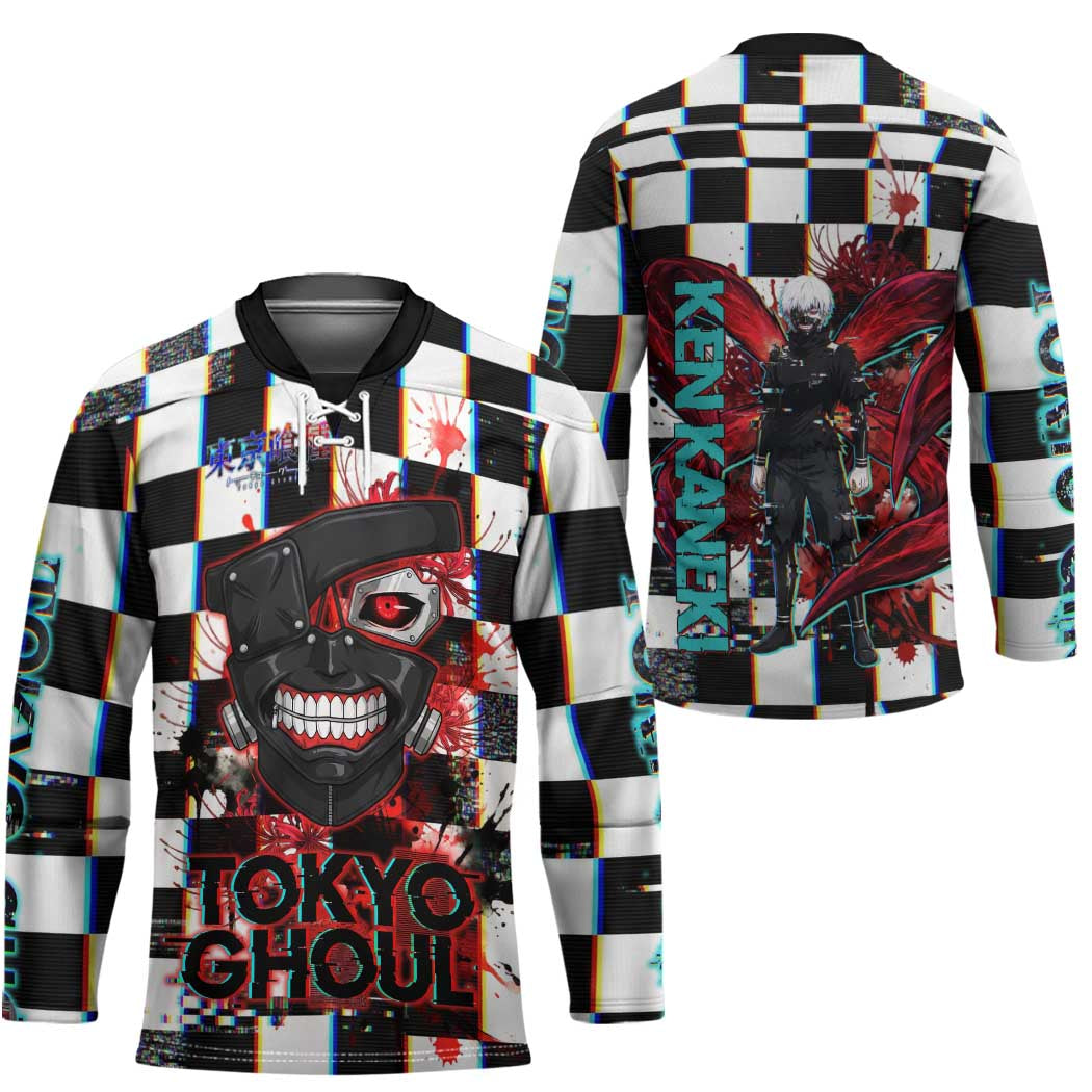 Tokyo Ghoul Kaneki Ken Hockey Jersey Glitchcore Anime Style with Dark Checker Pattern