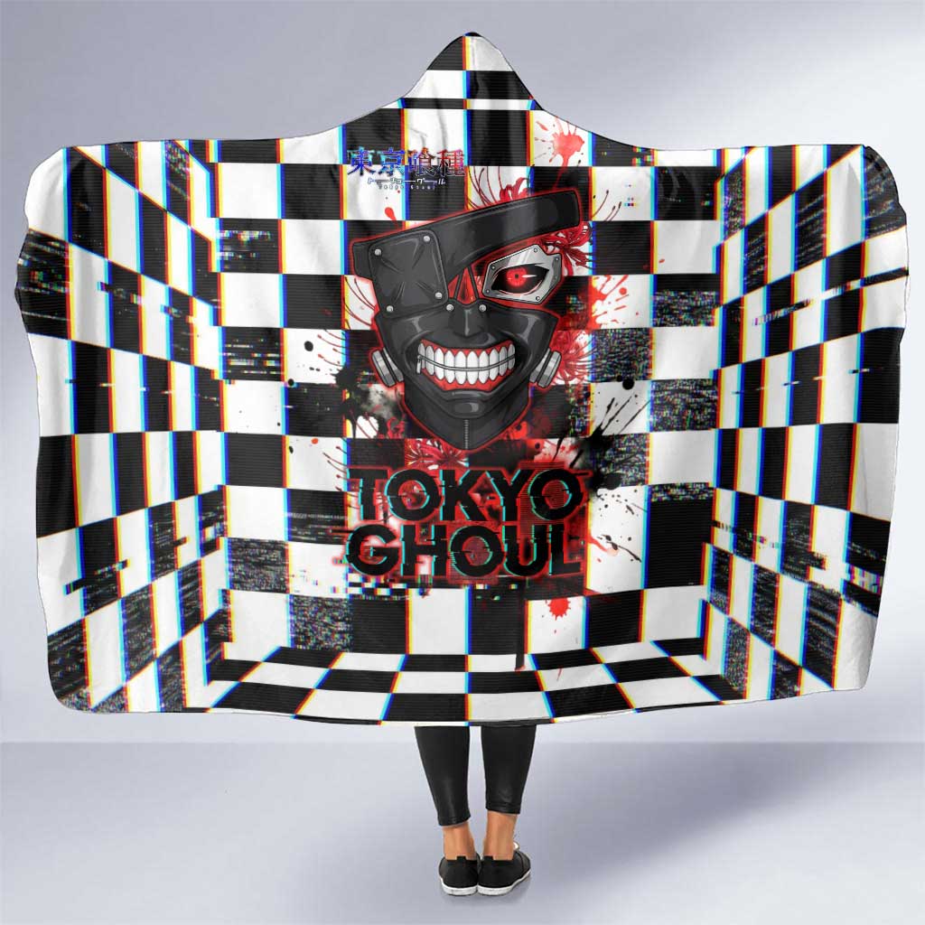 Tokyo Ghoul Kaneki Ken Hooded Blanket Glitchcore Anime Style with Dark Checker Pattern