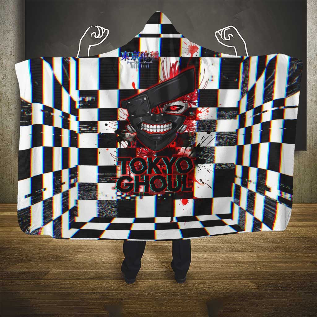Tokyo Ghoul Kaneki Ken Hooded Blanket Glitchcore Anime Style with Dark Checker Pattern