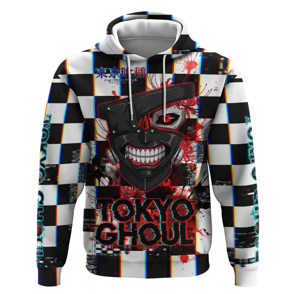 Tokyo Ghoul Kaneki Ken Hoodie Glitchcore Anime Style with Dark Checker Pattern