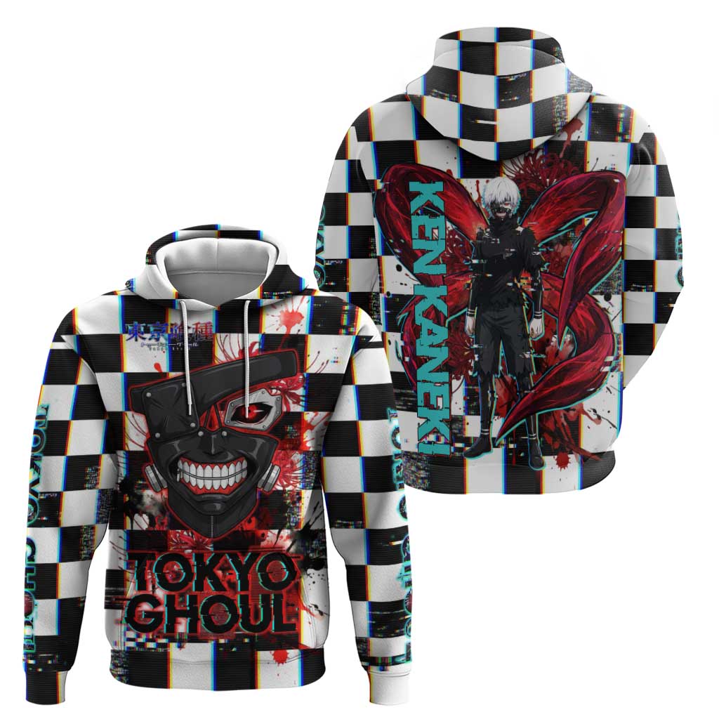 Tokyo Ghoul Kaneki Ken Hoodie Glitchcore Anime Style with Dark Checker Pattern
