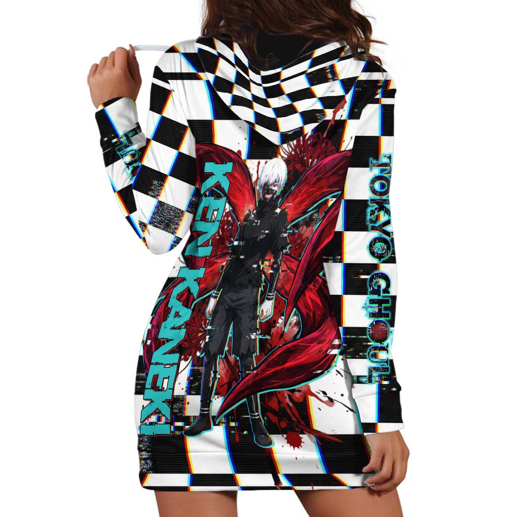 Tokyo Ghoul Kaneki Ken Hoodie Dress Glitchcore Anime Style with Dark Checker Pattern