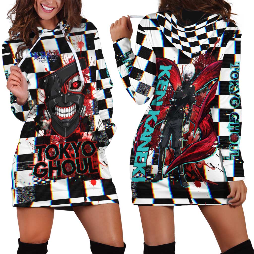 Tokyo Ghoul Kaneki Ken Hoodie Dress Glitchcore Anime Style with Dark Checker Pattern
