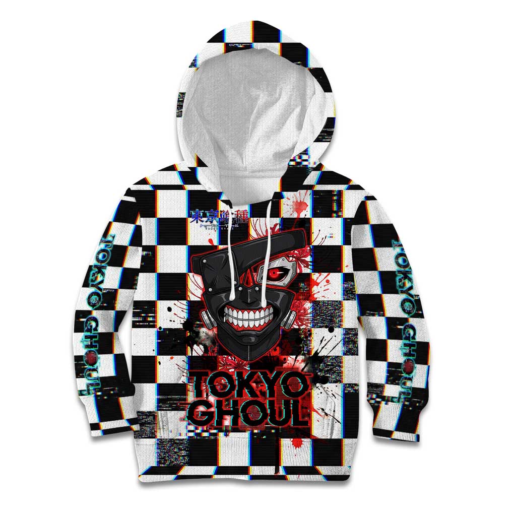 Tokyo Ghoul Kaneki Ken Kid Hoodie Glitchcore Anime Style with Dark Checker Pattern