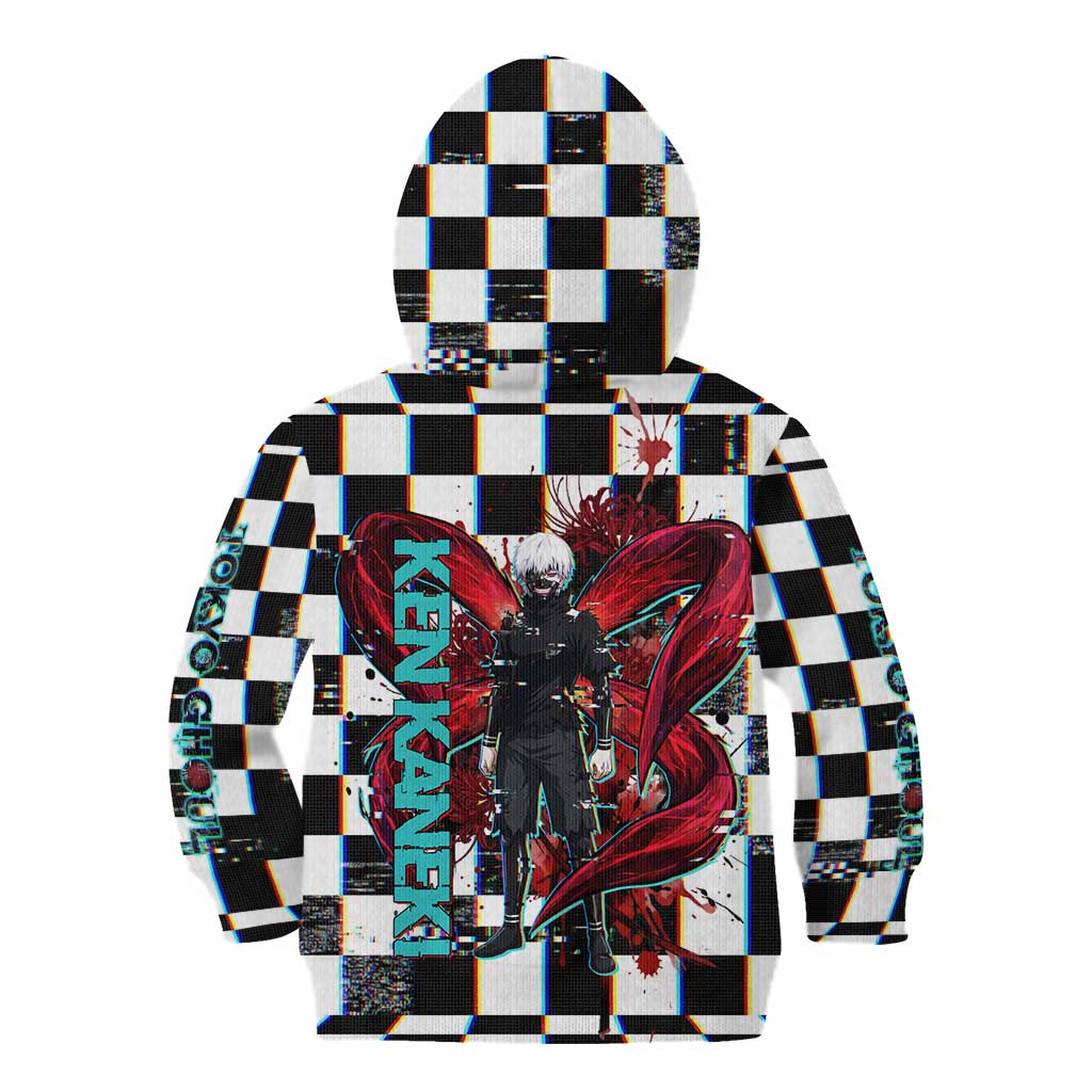 Tokyo Ghoul Kaneki Ken Kid Hoodie Glitchcore Anime Style with Dark Checker Pattern