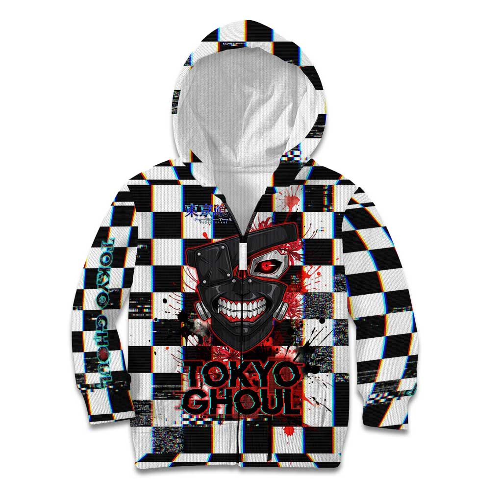 Tokyo Ghoul Kaneki Ken Kid Hoodie Glitchcore Anime Style with Dark Checker Pattern