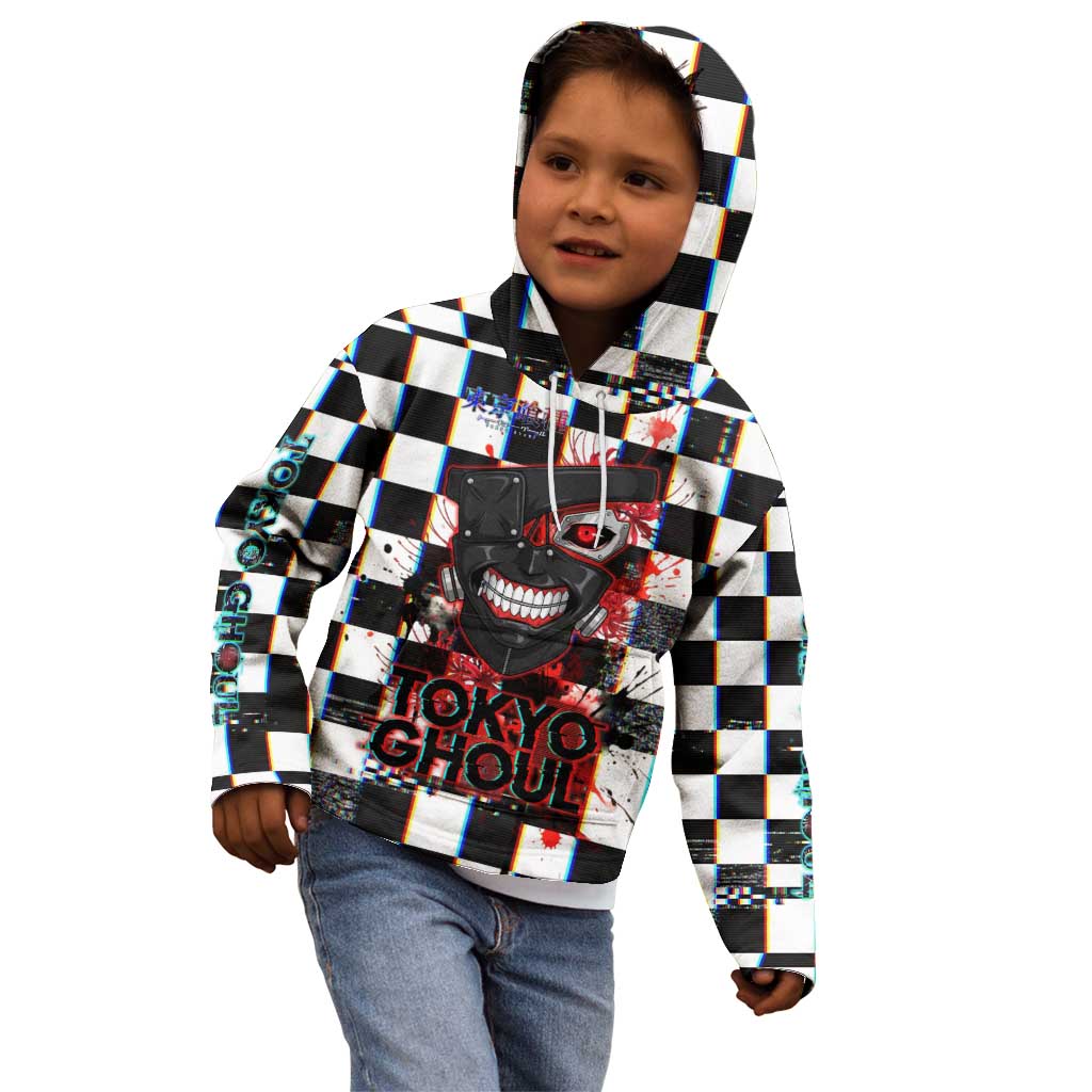 Tokyo Ghoul Kaneki Ken Kid Hoodie Glitchcore Anime Style with Dark Checker Pattern