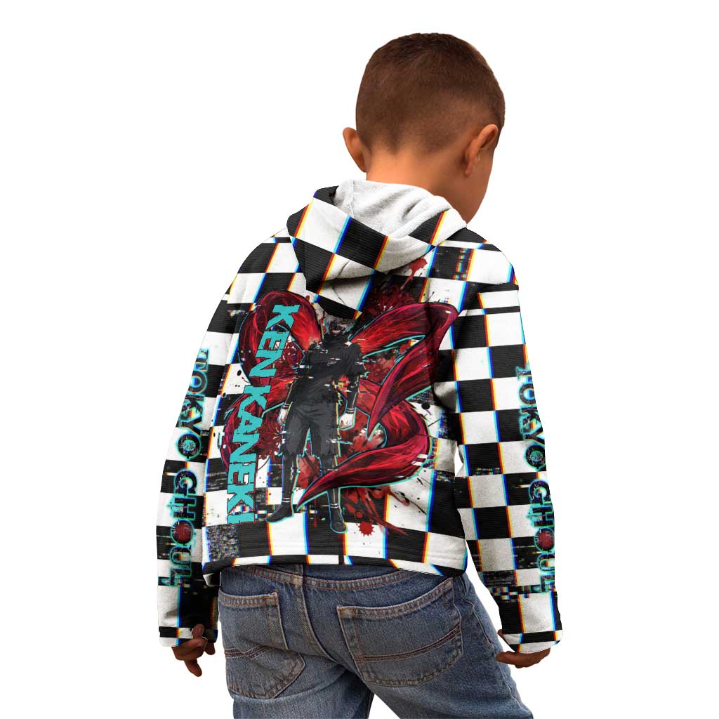 Tokyo Ghoul Kaneki Ken Kid Hoodie Glitchcore Anime Style with Dark Checker Pattern