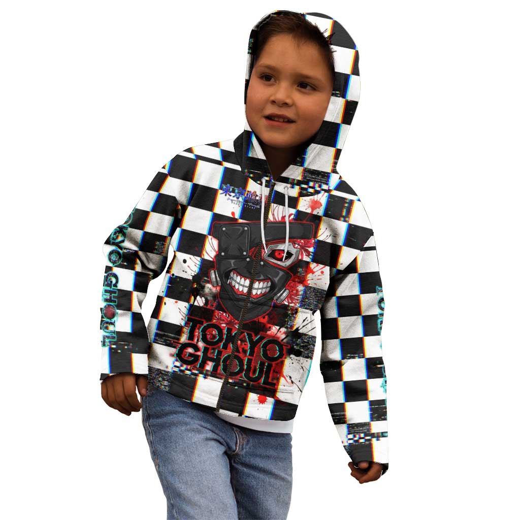 Tokyo Ghoul Kaneki Ken Kid Hoodie Glitchcore Anime Style with Dark Checker Pattern