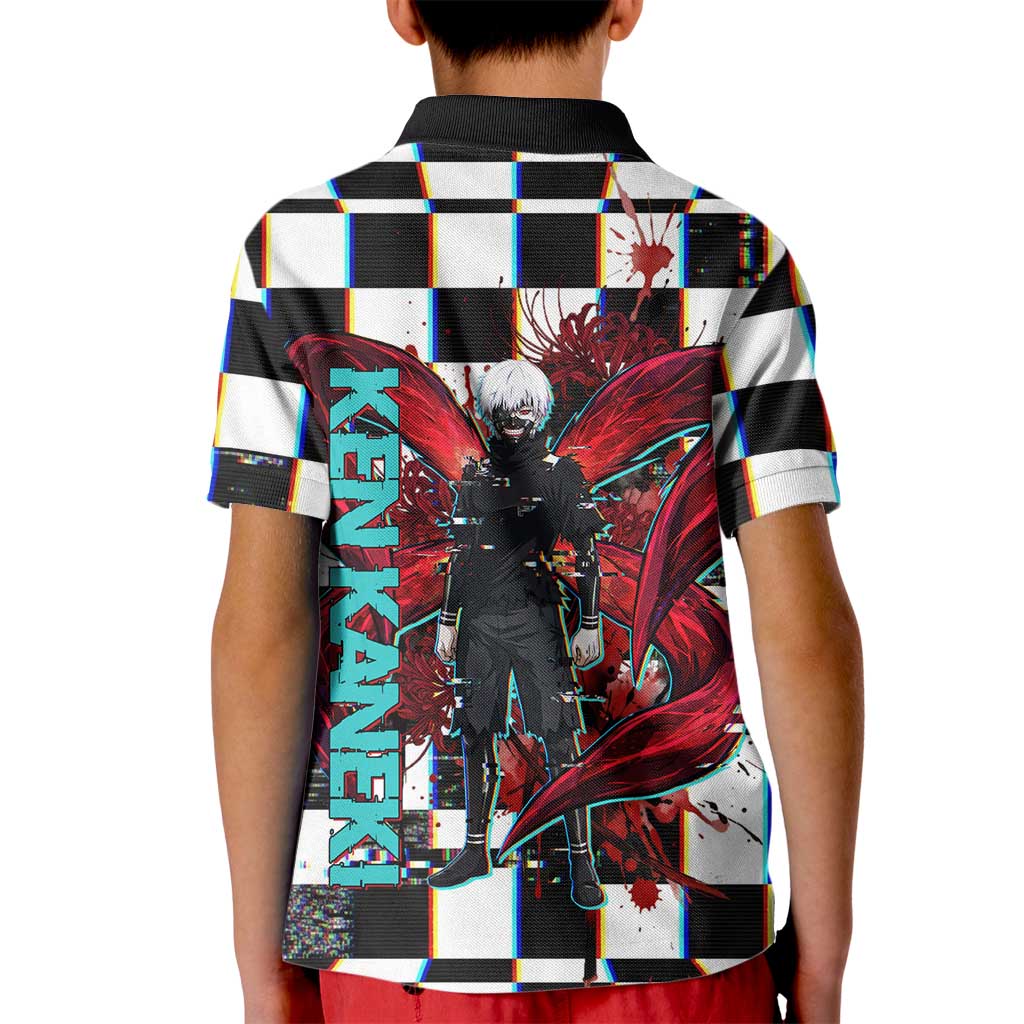Tokyo Ghoul Kaneki Ken Kid Polo Shirt Glitchcore Anime Style with Dark Checker Pattern