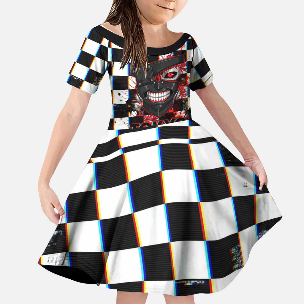 Tokyo Ghoul Kaneki Ken Kid Short Sleeve Dress Glitchcore Anime Style with Dark Checker Pattern