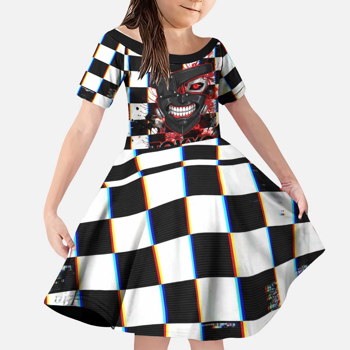 Tokyo Ghoul Kaneki Ken Kid Short Sleeve Dress Glitchcore Anime Style with Dark Checker Pattern