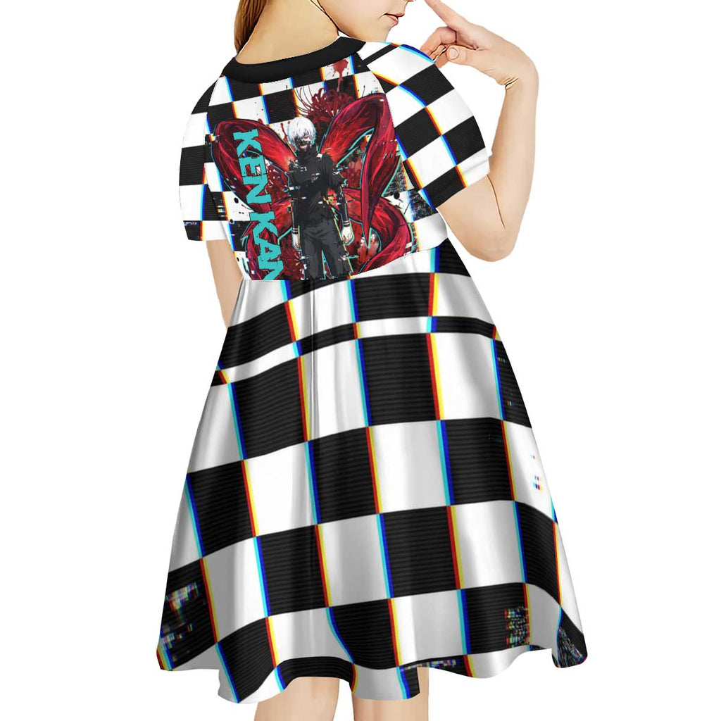 Tokyo Ghoul Kaneki Ken Kid Short Sleeve Dress Glitchcore Anime Style with Dark Checker Pattern