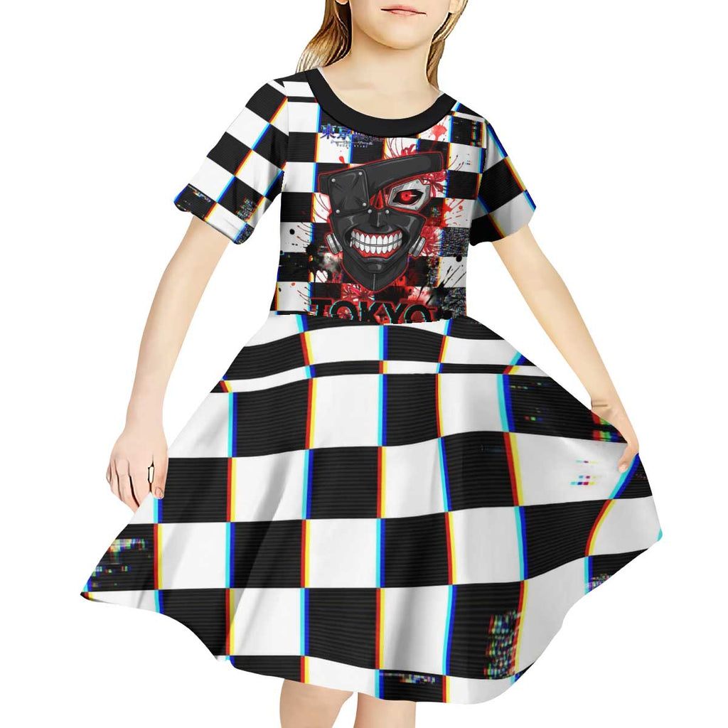 Tokyo Ghoul Kaneki Ken Kid Short Sleeve Dress Glitchcore Anime Style with Dark Checker Pattern
