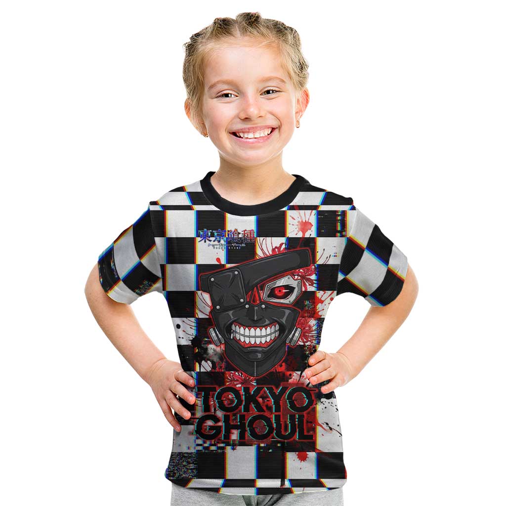Tokyo Ghoul Kaneki Ken Kid T Shirt Glitchcore Anime Style with Dark Checker Pattern
