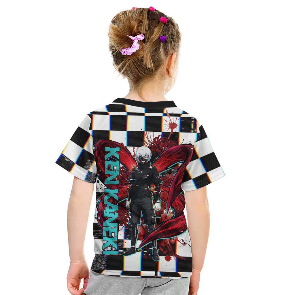 Tokyo Ghoul Kaneki Ken Kid T Shirt Glitchcore Anime Style with Dark Checker Pattern
