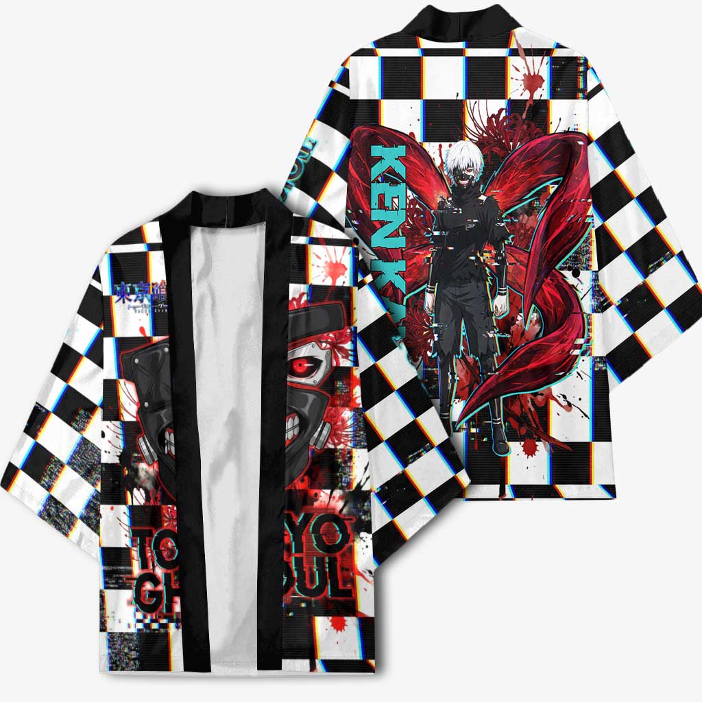 Tokyo Ghoul Kaneki Ken Kimono Glitchcore Anime Style with Dark Checker Pattern