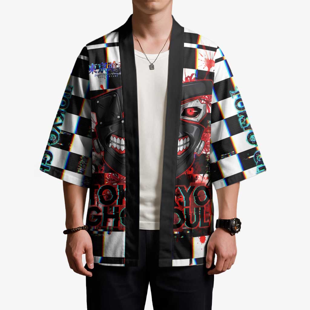 Tokyo Ghoul Kaneki Ken Kimono Glitchcore Anime Style with Dark Checker Pattern