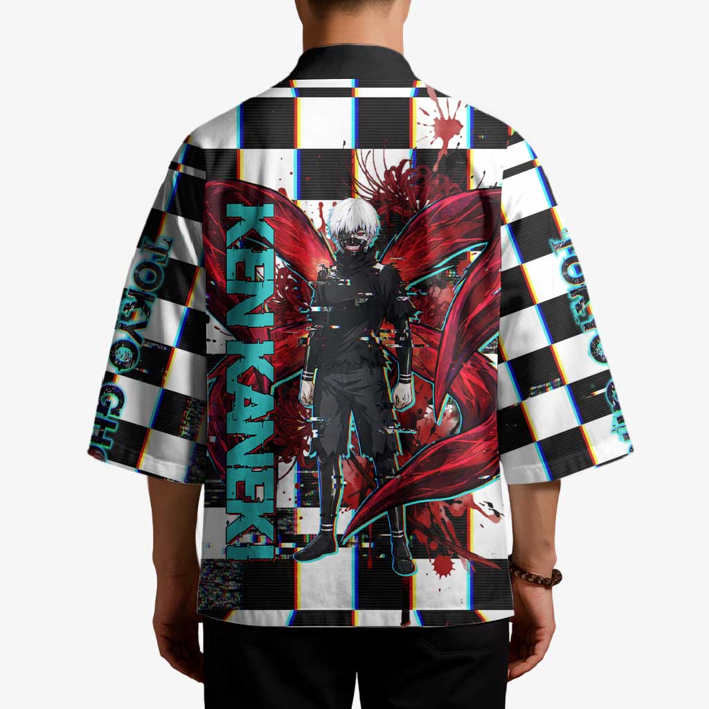 Tokyo Ghoul Kaneki Ken Kimono Glitchcore Anime Style with Dark Checker Pattern