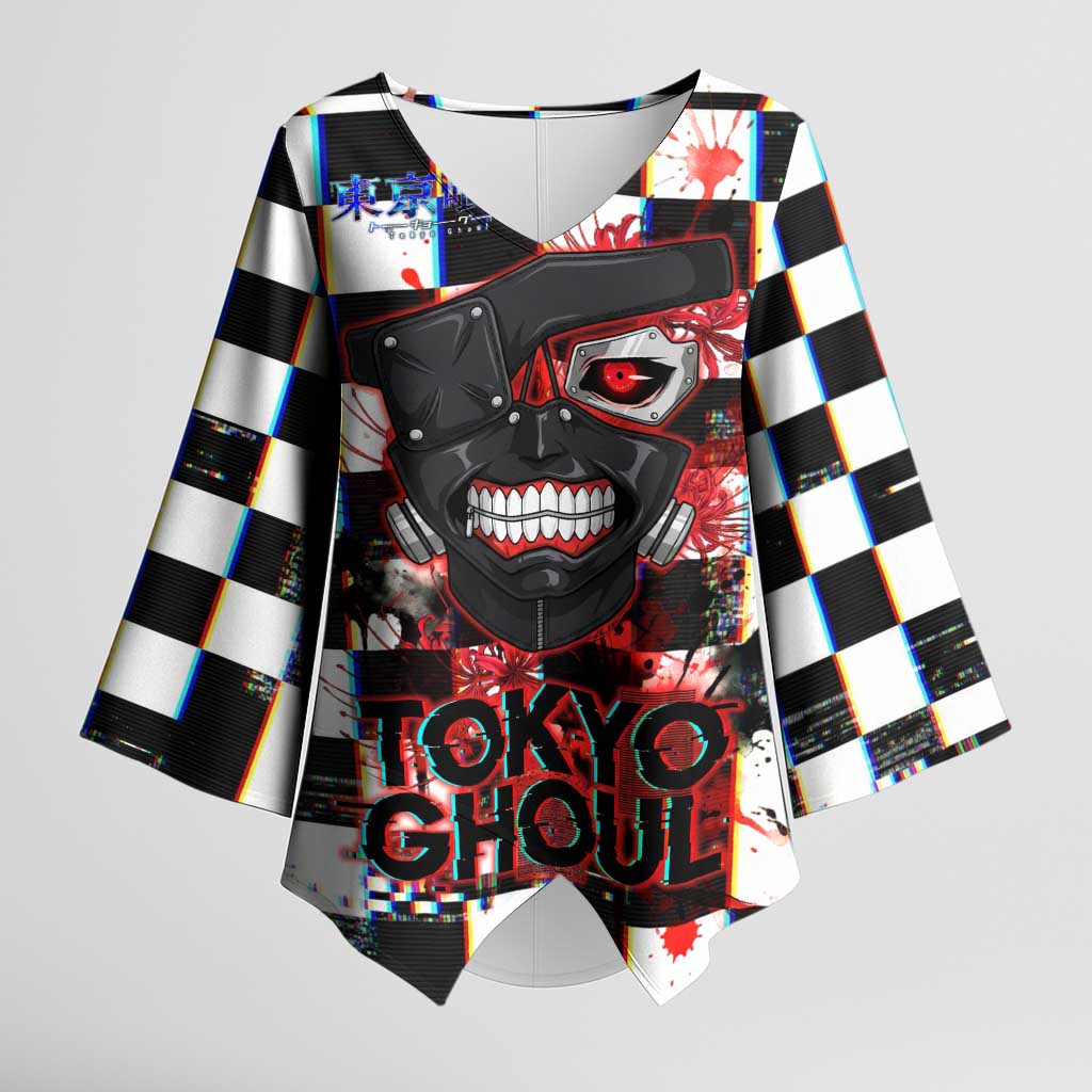 Tokyo Ghoul Kaneki Ken Kimono Sleeve Blouse Glitchcore Anime Style with Dark Checker Pattern