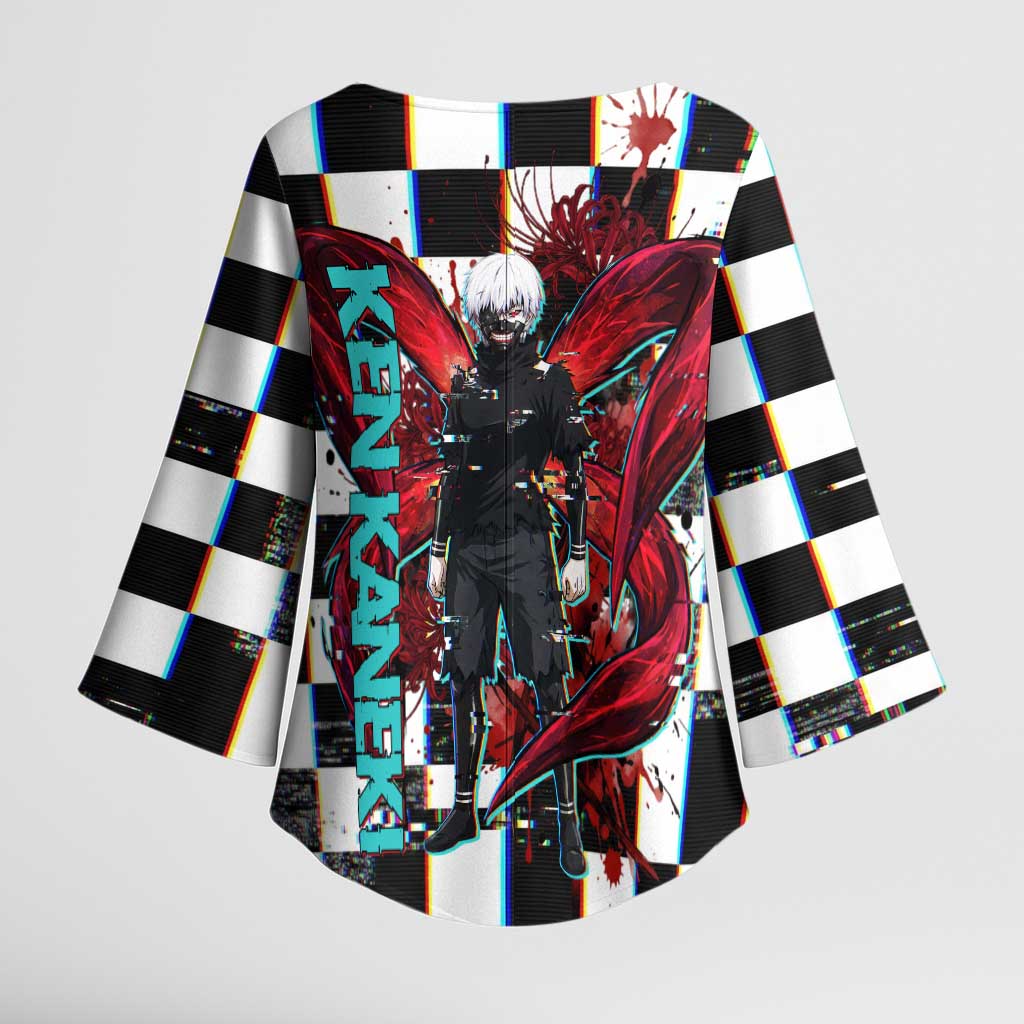 Tokyo Ghoul Kaneki Ken Kimono Sleeve Blouse Glitchcore Anime Style with Dark Checker Pattern