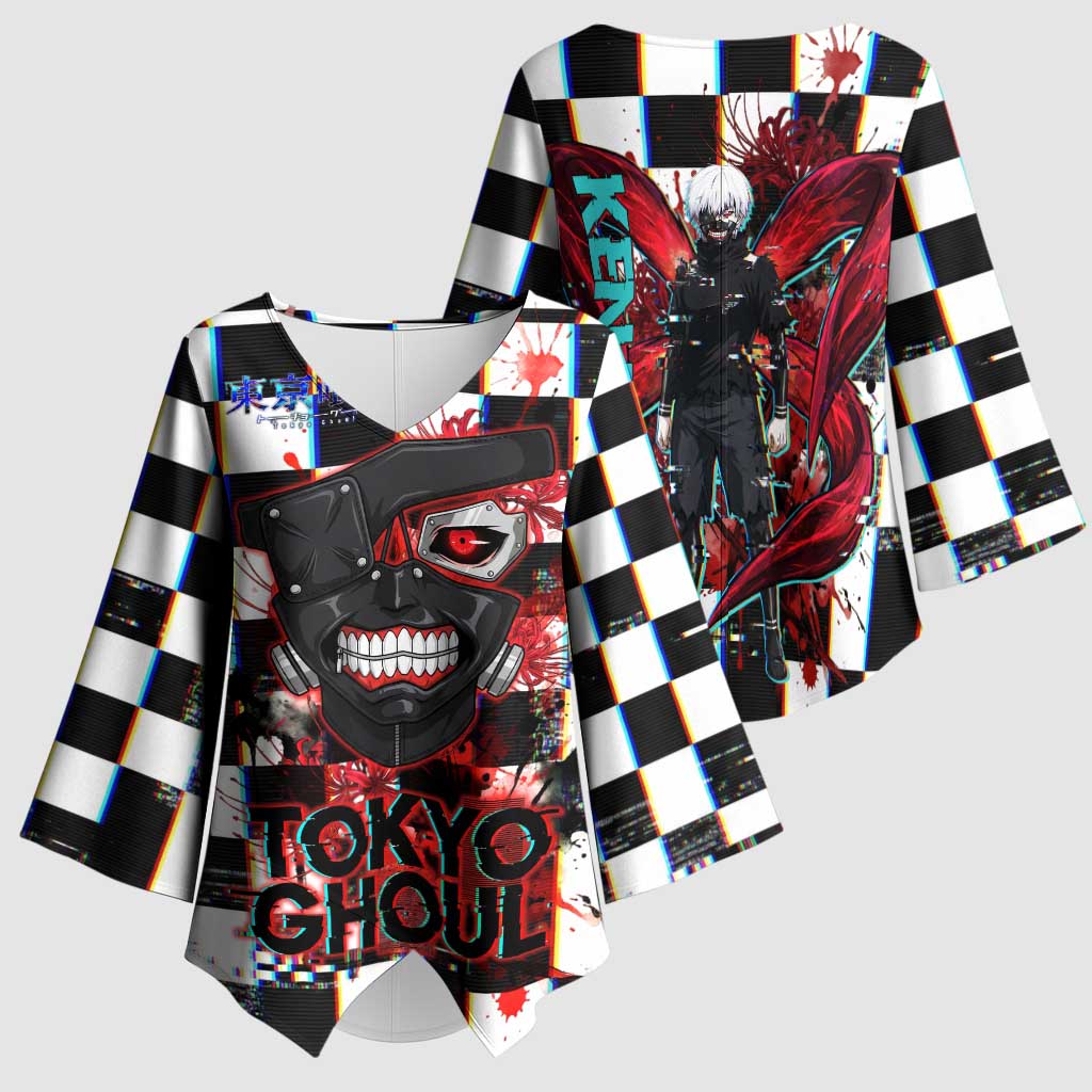 Tokyo Ghoul Kaneki Ken Kimono Sleeve Blouse Glitchcore Anime Style with Dark Checker Pattern