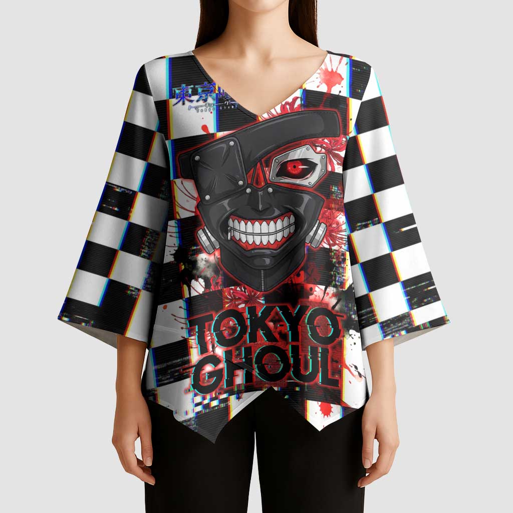 Tokyo Ghoul Kaneki Ken Kimono Sleeve Blouse Glitchcore Anime Style with Dark Checker Pattern